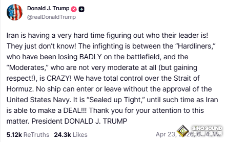 “任何船隻都不能進出”！特朗普下令美軍“擊沉佈雷船” 油價重返100美元上方